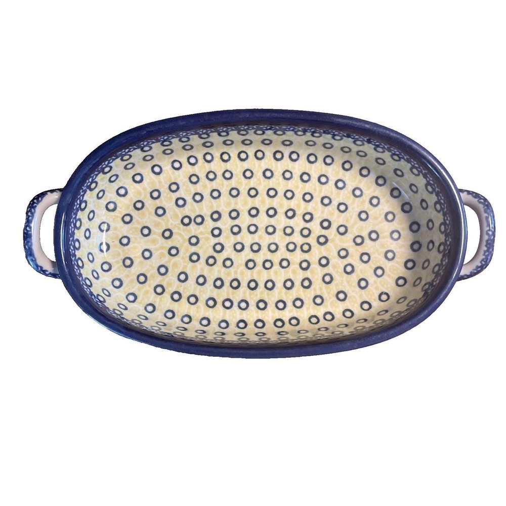 Manufaktura Boleslawiec Polish pottery 8" Oval serving dish Yellow Blue MK 249